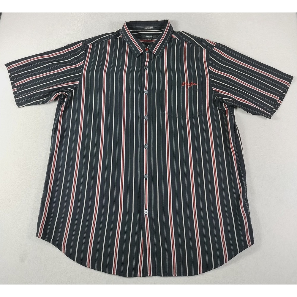 Sean John Shirt Mens 2XL Black Striped Short Sleeve Classic Fit Streetwear Urban